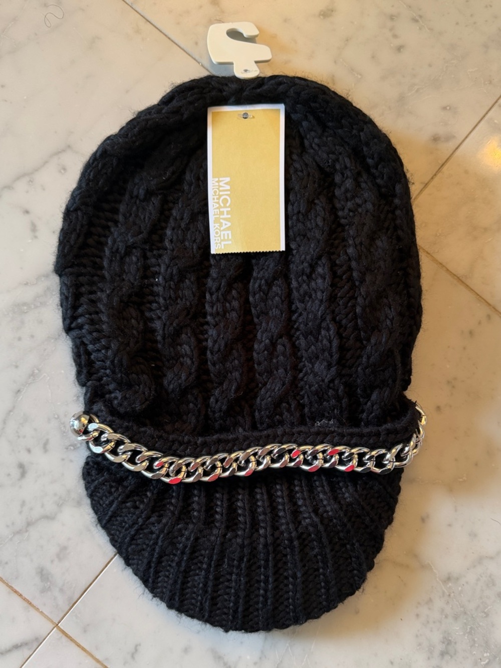 Michael Kors Black Cable Knit Visor Hat with Silver Chain